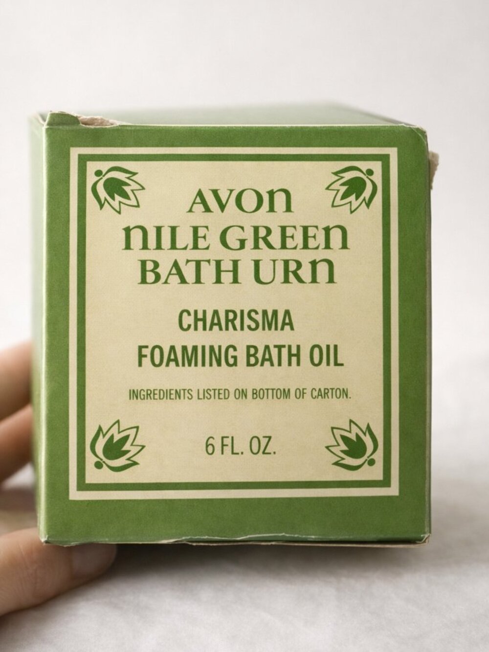 Avon Charisma Green Glass Bath Oil Urn 9” NIB Vintage Gold Motif Collectible - Picture 6 of 9
